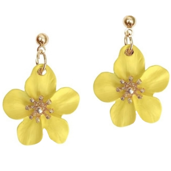 Red Matte Flower Blossom Post Earrings 3D Hibiscus Flowers Flutter Charm Dangle - Picture 2 of 3